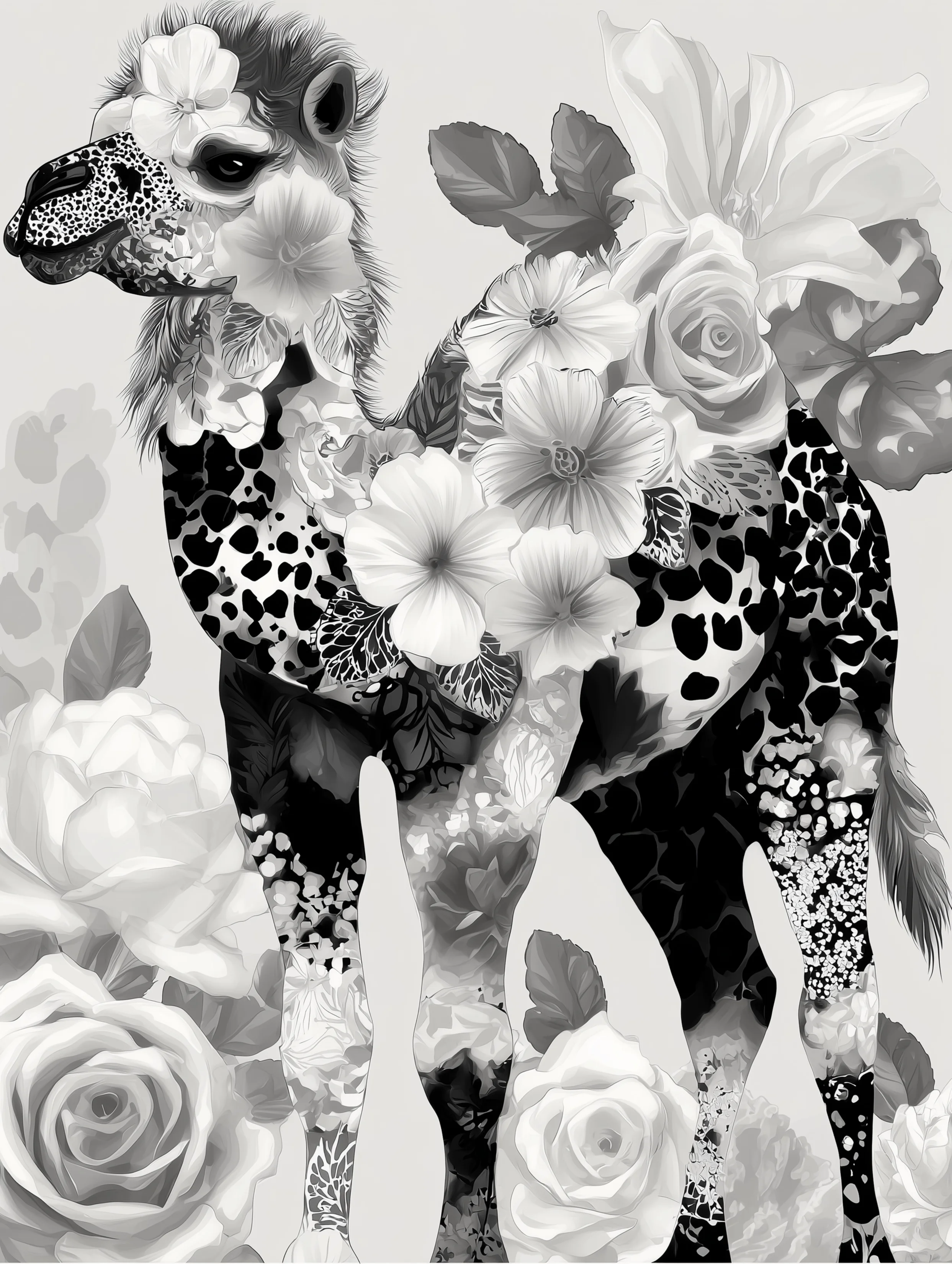 Free printable camel coloring page for adults featuring very floral camel